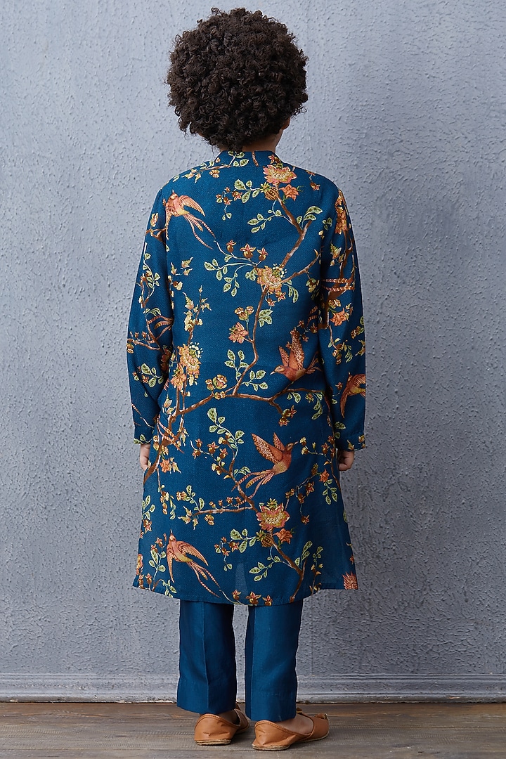 Peacock Blue Chanderi Kurta Set For Boys by Torani Kids at Pernia's Pop Up Shop
