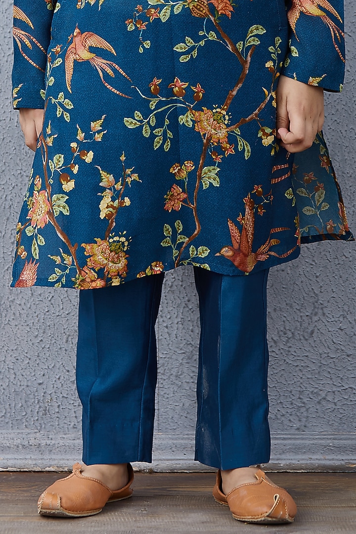 Peacock Blue Chanderi Kurta Set For Boys by Torani Kids at Pernia's Pop Up Shop
