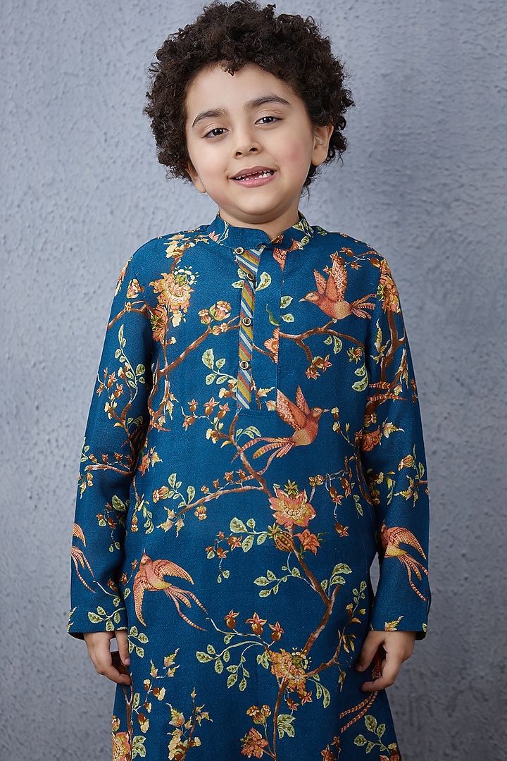 Peacock Blue Chanderi Kurta Set For Boys by Torani Kids at Pernia's Pop Up Shop