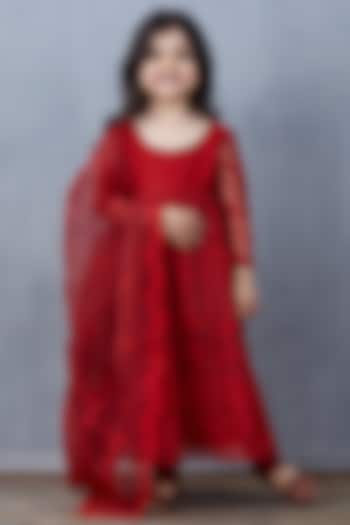 Red Silk Organza Anarkali Set For Girls by Torani Kids