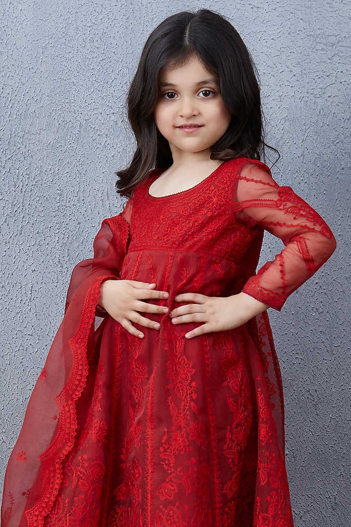 Red Silk Organza Anarkali Set For Girls by Torani Kids at Pernia's Pop Up Shop