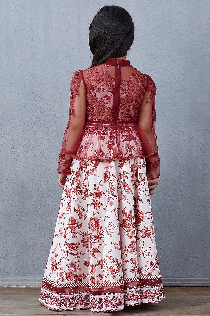 Plum Red Chanderi & Silk Organza Lehenga Set For Girls by Torani Kids at Pernia's Pop Up Shop
