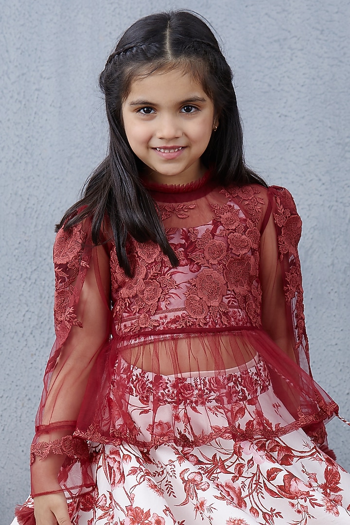 Plum Red Chanderi & Silk Organza Lehenga Set For Girls by Torani Kids at Pernia's Pop Up Shop