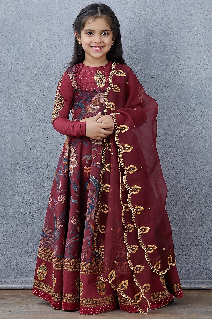 Maroon Chanderi Lehenga Set For Girls by Torani Kids at Pernia's Pop Up Shop