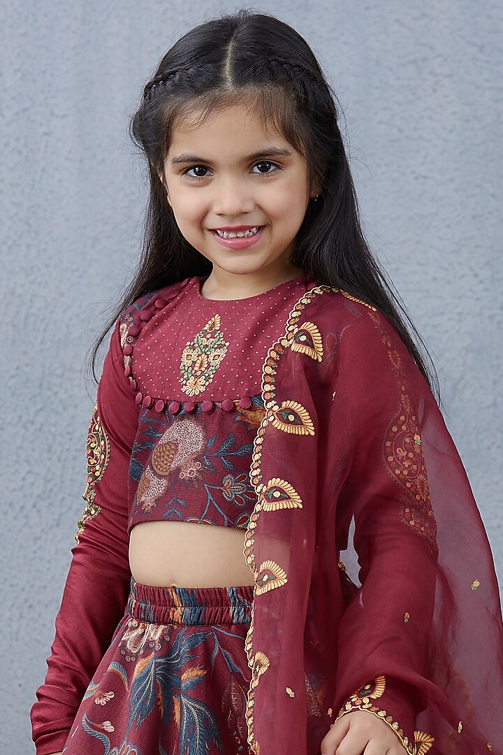 Maroon Chanderi Lehenga Set For Girls by Torani Kids at Pernia's Pop Up Shop