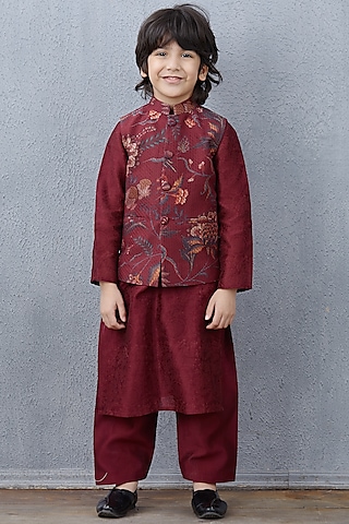 Maroon Kurta Set With Bandi Jacket by Torani Kids
