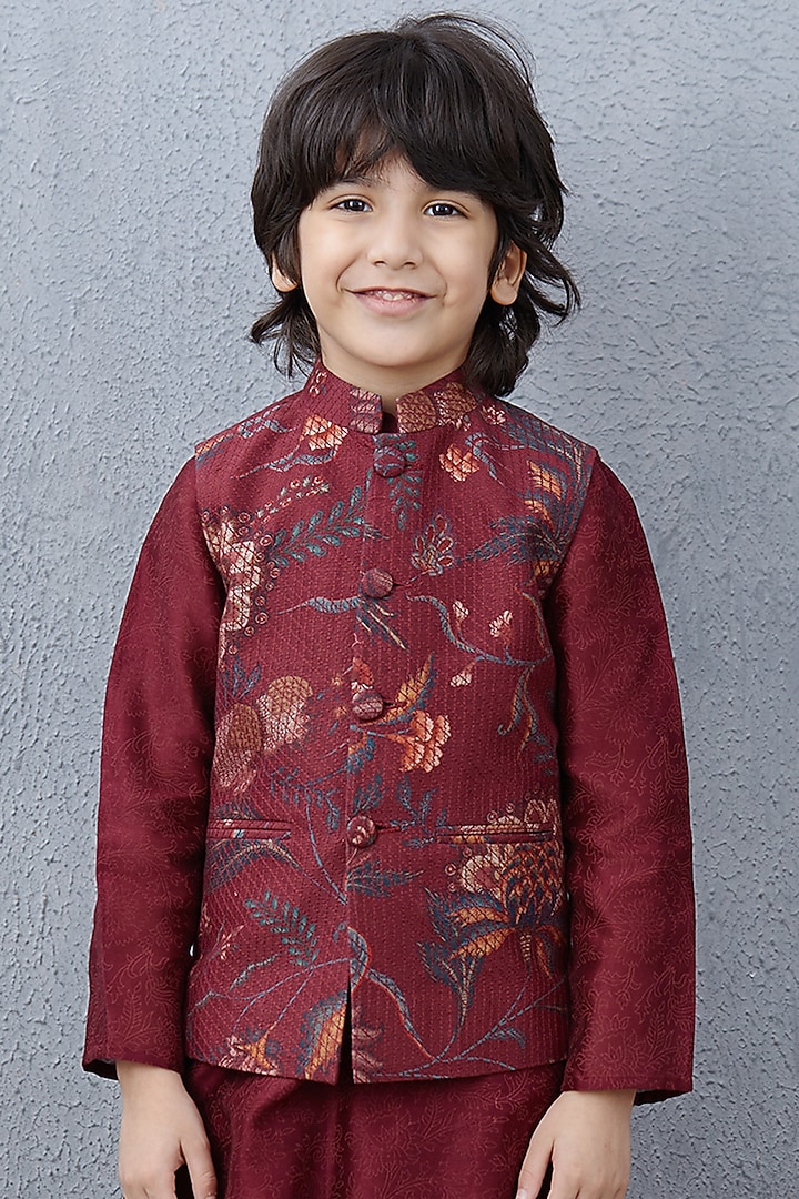 Maroon Kurta Set With Bandi Jacket by Torani Kids at Pernia's Pop Up Shop