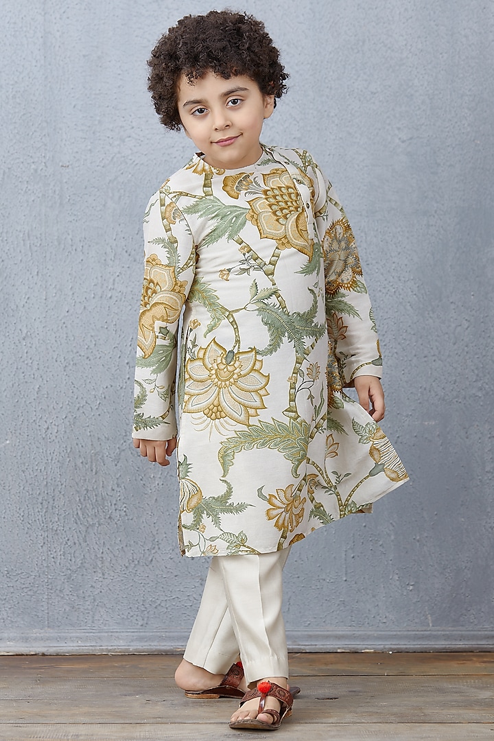 Beige Chanderi Kurta Set For Boys by Torani Kids