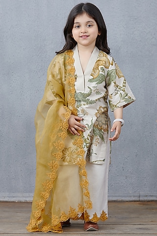 Beige Silk Organza Kurta Set For Girls by Torani Kids