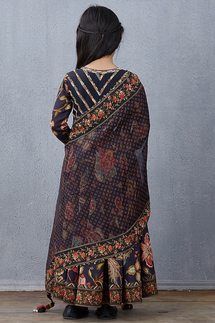 Black Chanderi & Silk Organza Kurta With Dupatta For Girls by Torani Kids at Pernia's Pop Up Shop