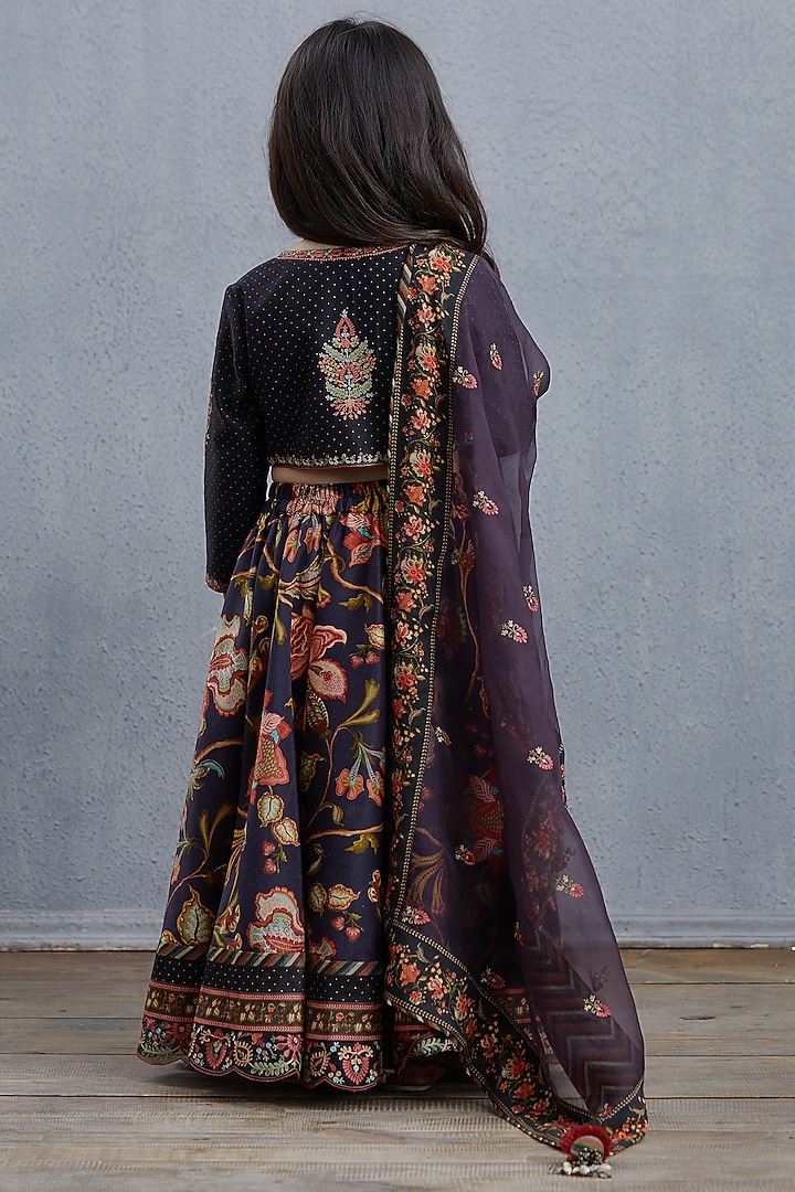 Black Silk Organza & Chanderi Lehenga Set For Girls by Torani Kids at Pernia's Pop Up Shop