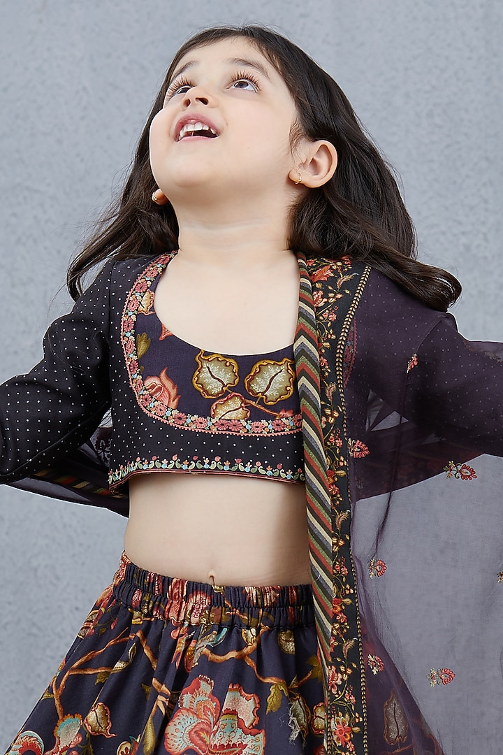 Black Silk Organza & Chanderi Lehenga Set For Girls by Torani Kids at Pernia's Pop Up Shop