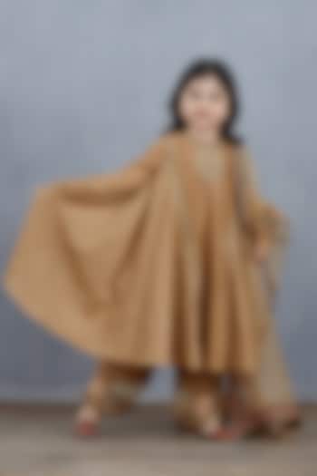 Brown Chanderi & Silk Organza Anarkali Set For Girls by Torani Kids at Pernia's Pop Up Shop