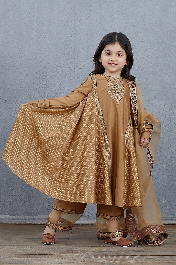 Brown Chanderi & Silk Organza Anarkali Set For Girls by Torani Kids at Pernia's Pop Up Shop