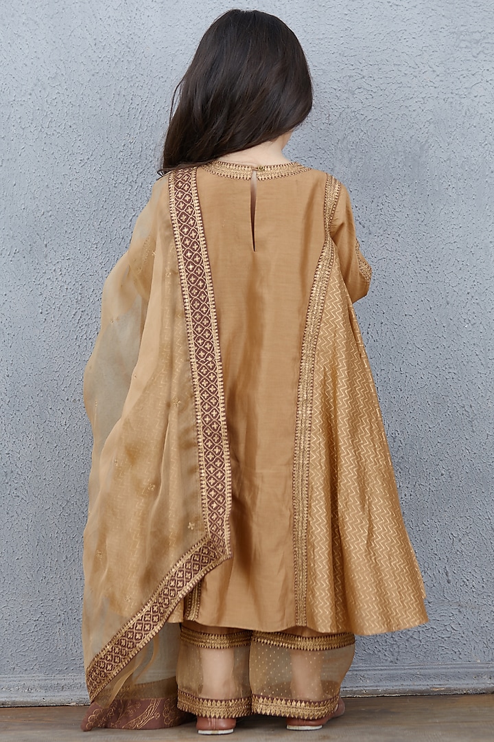 Brown Chanderi & Silk Organza Anarkali Set For Girls by Torani Kids at Pernia's Pop Up Shop