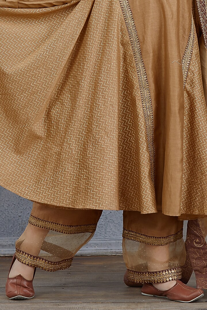 Brown Chanderi & Silk Organza Anarkali Set For Girls by Torani Kids at Pernia's Pop Up Shop