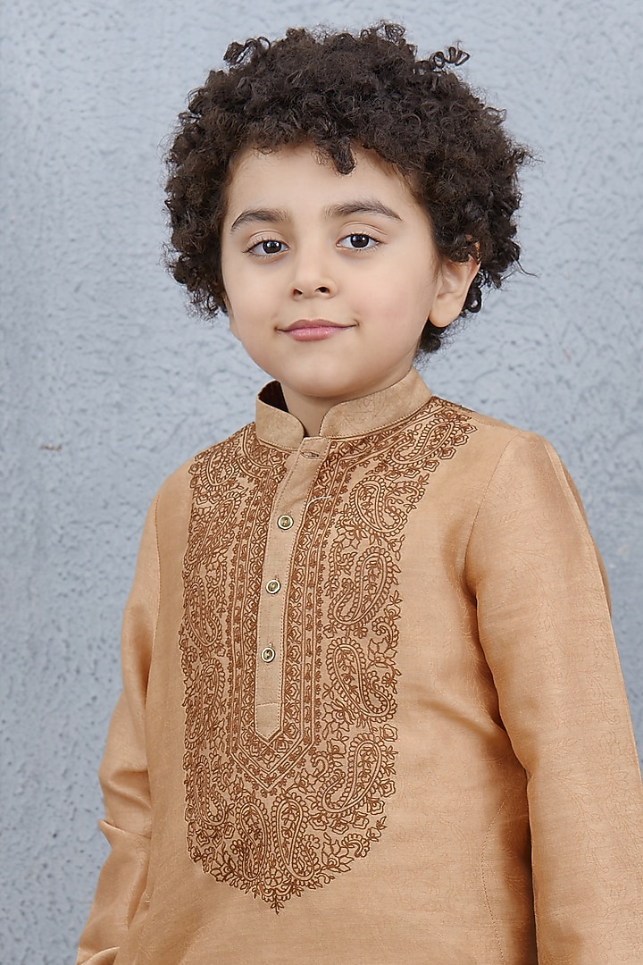 Brown Chanderi Kurta Set For Boys by Torani Kids at Pernia's Pop Up Shop