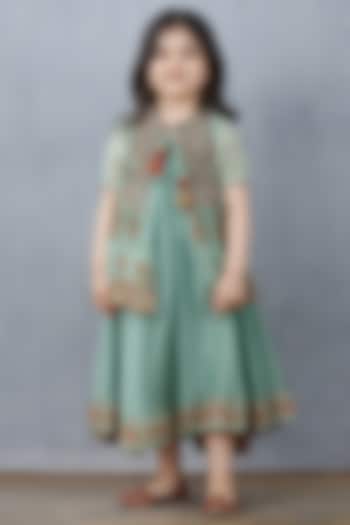 Turquoise Chanderi Jacket Dress For Girls by Torani Kids at Pernia's Pop Up Shop