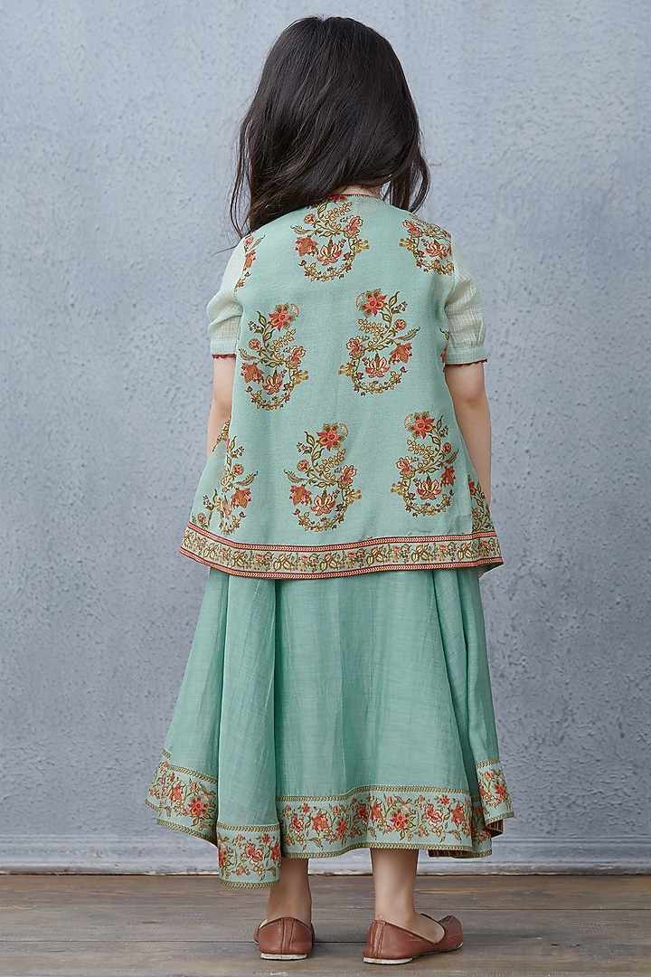Turquoise Chanderi Jacket Dress For Girls by Torani Kids at Pernia's Pop Up Shop
