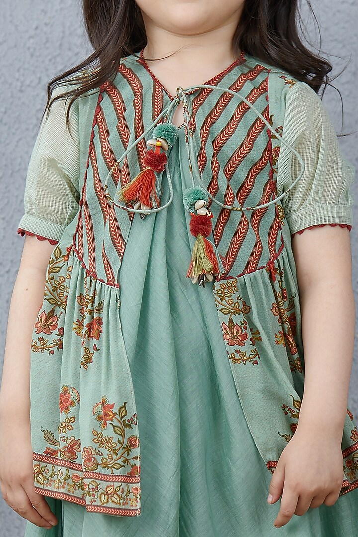 Turquoise Chanderi Jacket Dress For Girls by Torani Kids at Pernia's Pop Up Shop