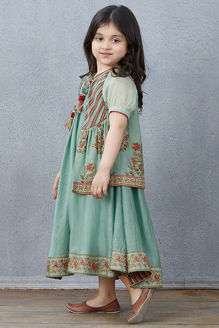 Turquoise Chanderi Jacket Dress For Girls by Torani Kids at Pernia's Pop Up Shop
