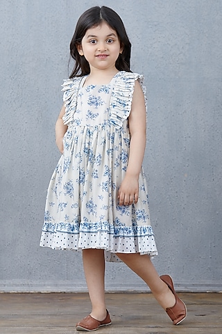 Powder Blue & White Chanderi Frock For Girls by Torani Kids