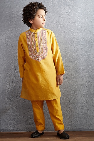 Topaz Yellow Hand Embroidered Kurta Set For Boys by Torani Kids
