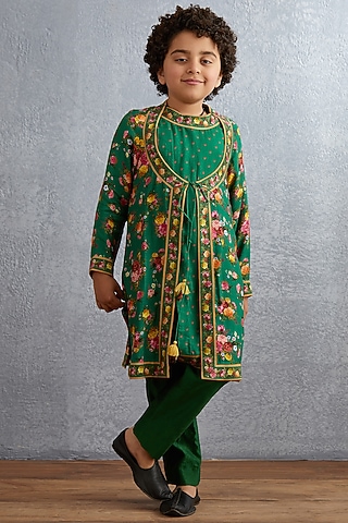 Emerald Green Floral Printed Kurta Set For Boys by Torani Kids