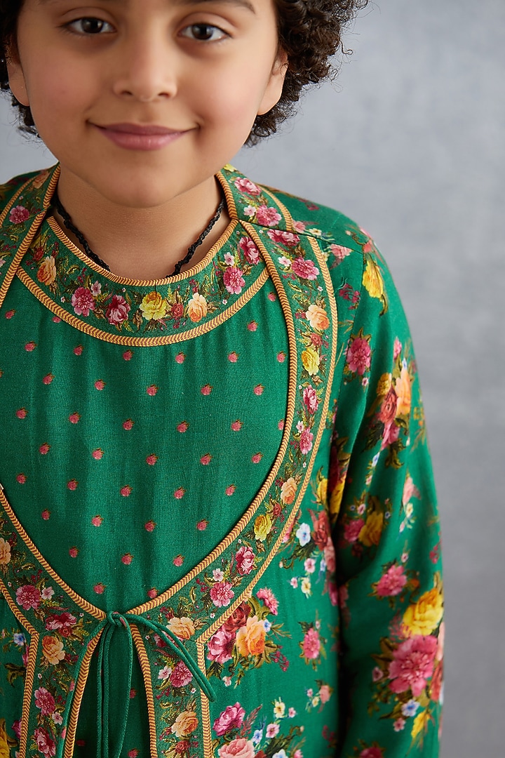 Emerald Green Floral Printed Kurta Set For Boys by Torani Kids at Pernia's Pop Up Shop