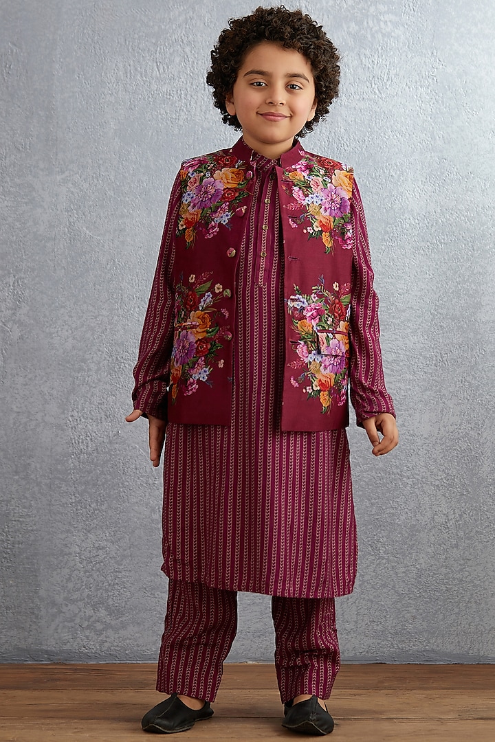 Ruby Red Kurta Set With Floral Printed Bandi Jacket by Torani Kids