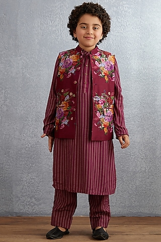 Ruby Red Kurta Set With Floral Printed Bandi Jacket by Torani Kids