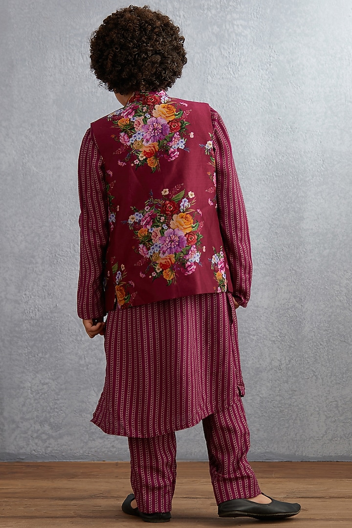 Ruby Red Kurta Set With Floral Printed Bandi Jacket by Torani Kids at Pernia's Pop Up Shop