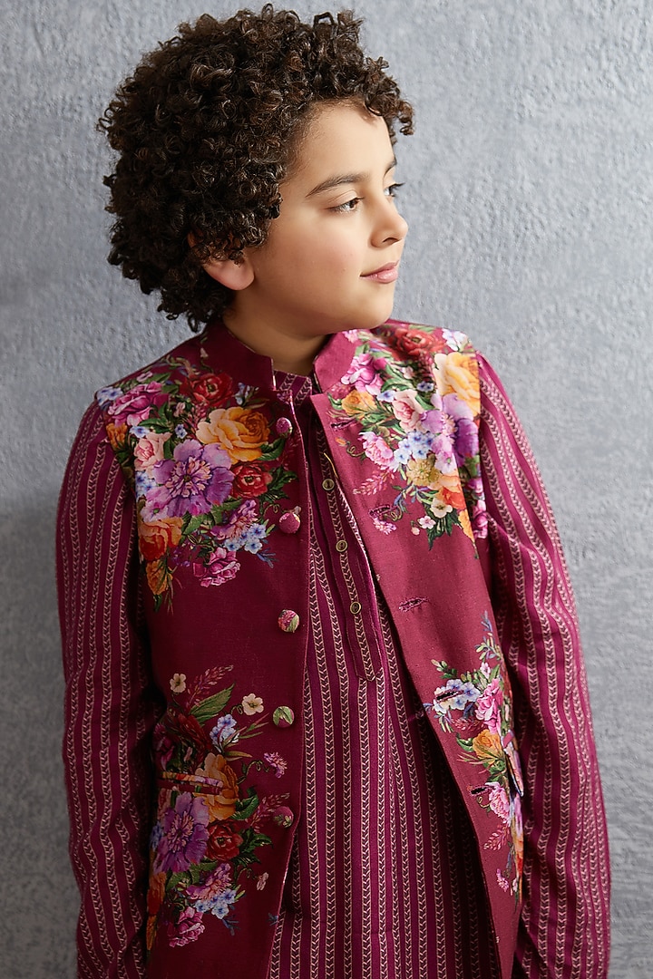 Ruby Red Kurta Set With Floral Printed Bandi Jacket by Torani Kids at Pernia's Pop Up Shop