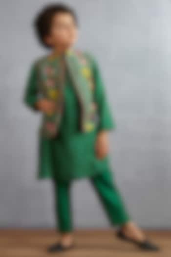Emerald Green Kurta Set With Floral Printed Bandi Jacket by Torani Kids