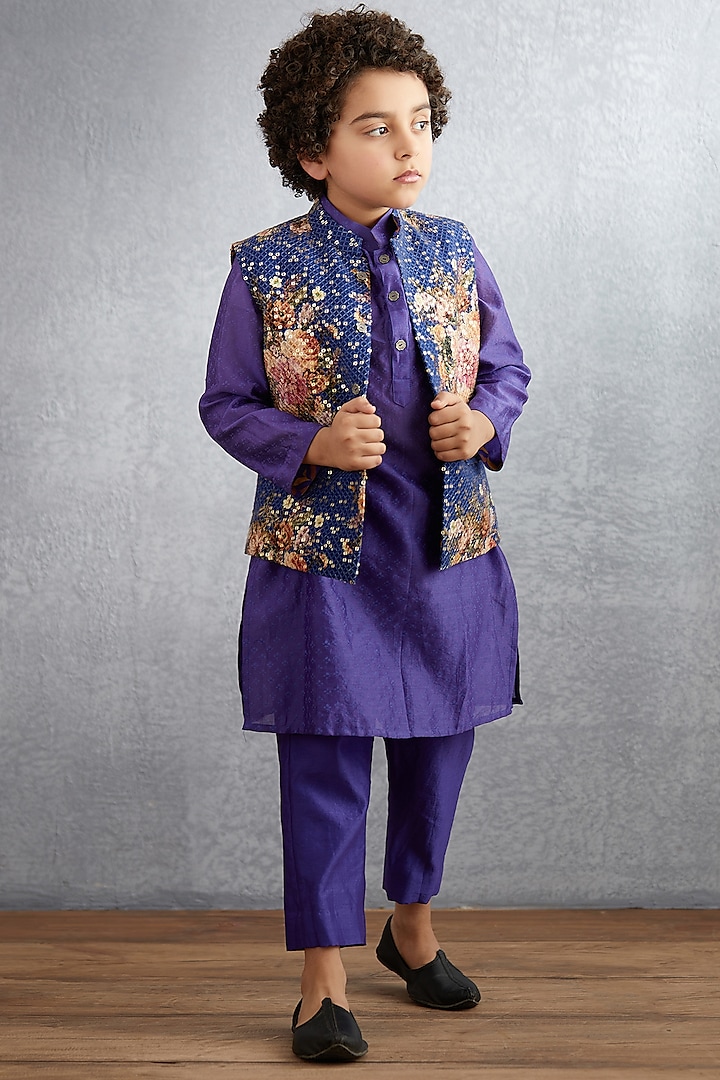 Amethyst Purple Kurta Set With Floral Printed Bandi Jacket by Torani Kids