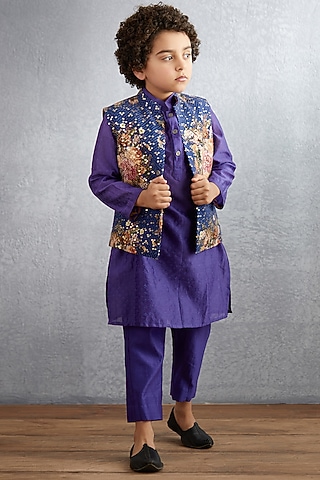 Amethyst Purple Kurta Set With Floral Printed Bandi Jacket by Torani Kids