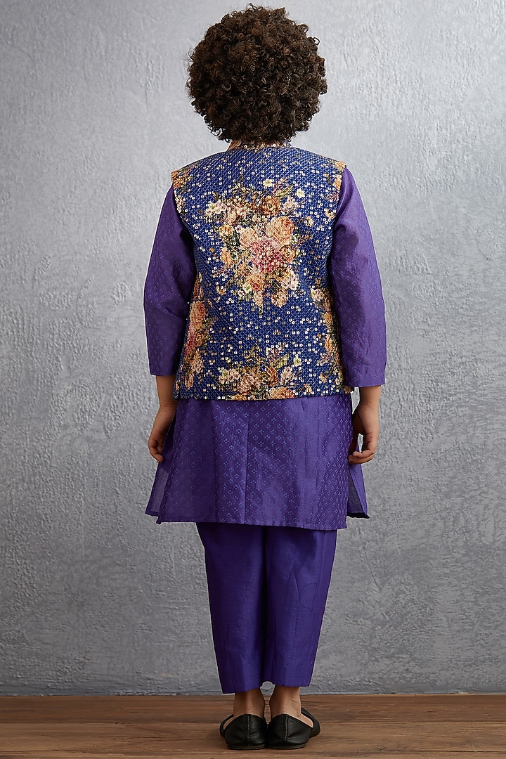 Amethyst Purple Kurta Set With Floral Printed Bandi Jacket by Torani Kids at Pernia's Pop Up Shop