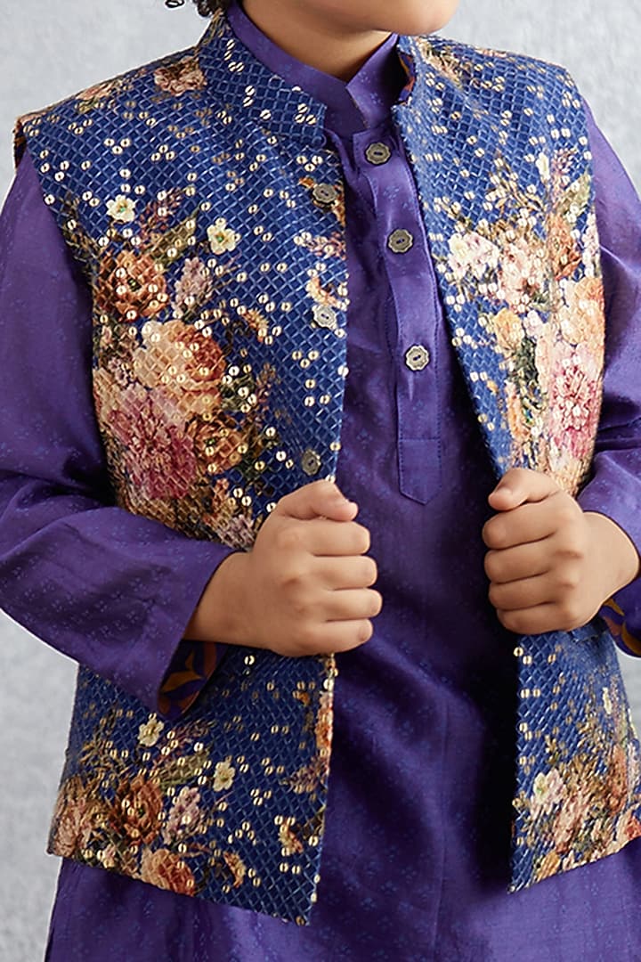 Amethyst Purple Kurta Set With Floral Printed Bandi Jacket by Torani Kids at Pernia's Pop Up Shop