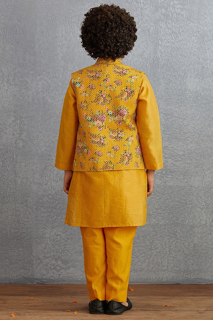 Topaz Yellow Kurta Set With Floral Printed Bandi Jacket by Torani Kids at Pernia's Pop Up Shop