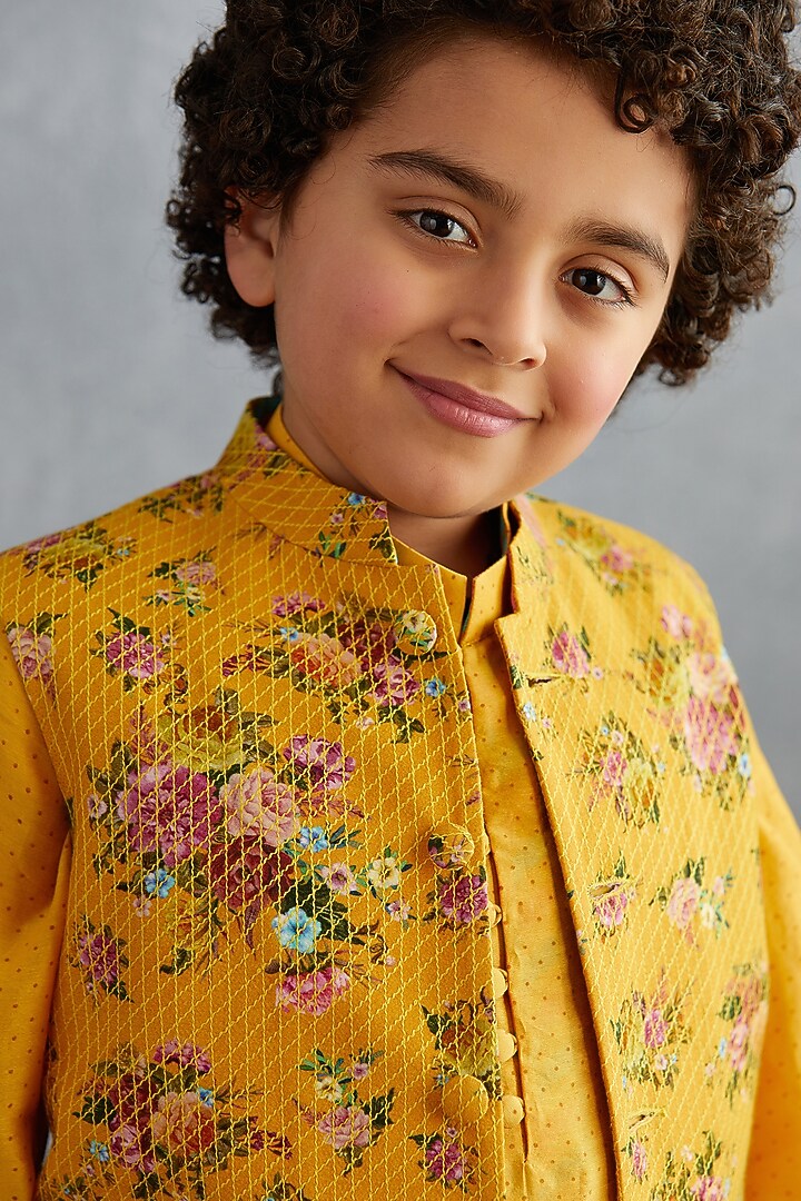Topaz Yellow Kurta Set With Floral Printed Bandi Jacket by Torani Kids at Pernia's Pop Up Shop