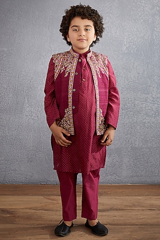 Ruby Red Kurta Set With Embroidered Bandi Jacket by Torani Kids