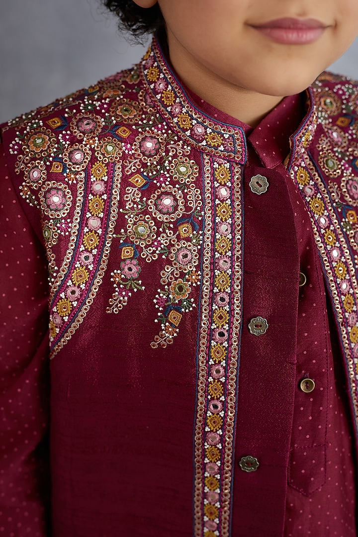 Ruby Red Kurta Set With Embroidered Bandi Jacket by Torani Kids at Pernia's Pop Up Shop