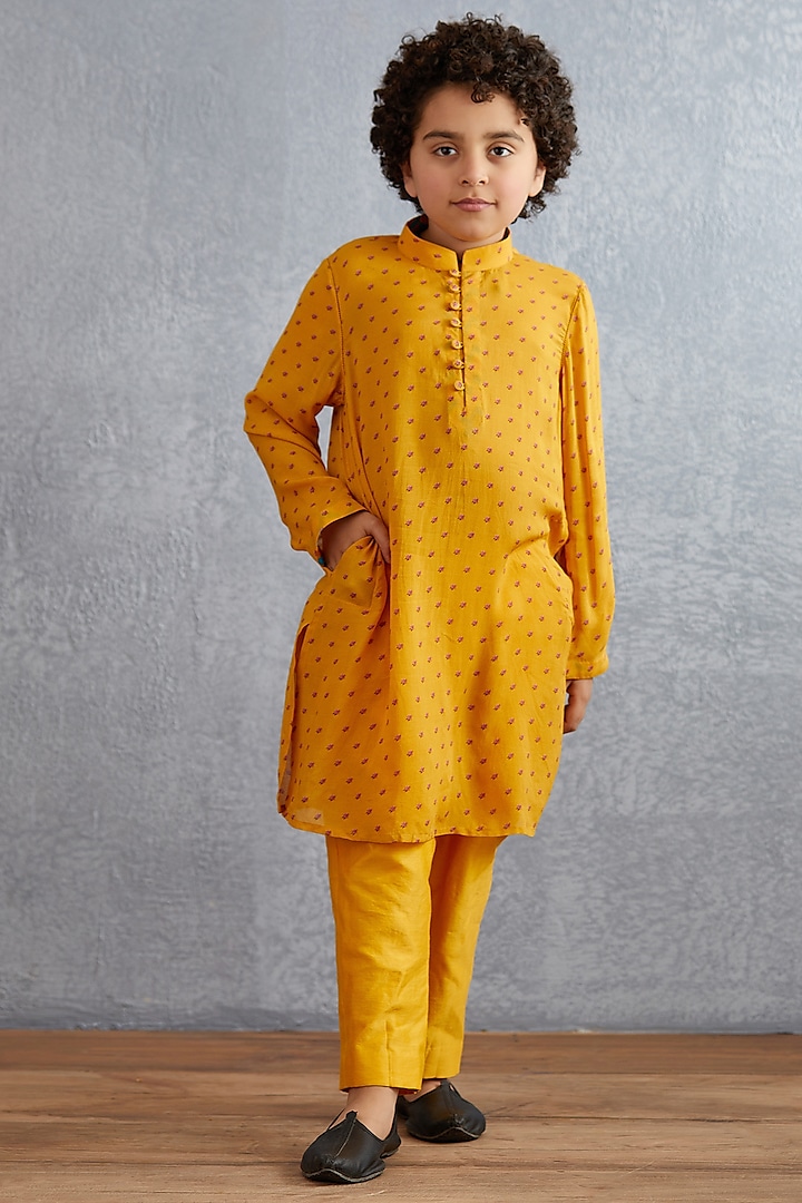 Topaz Yellow Cotton Silk Kurta Set For Boys by Torani Kids