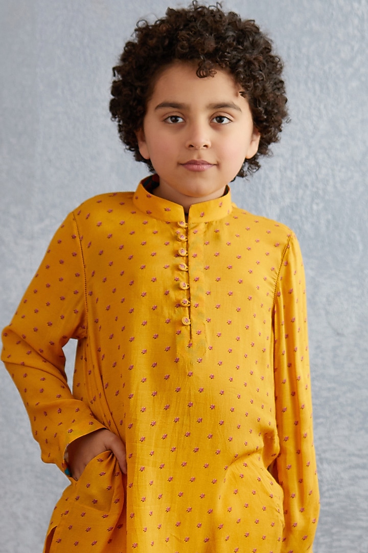 Topaz Yellow Cotton Silk Kurta Set For Boys by Torani Kids at Pernia's Pop Up Shop