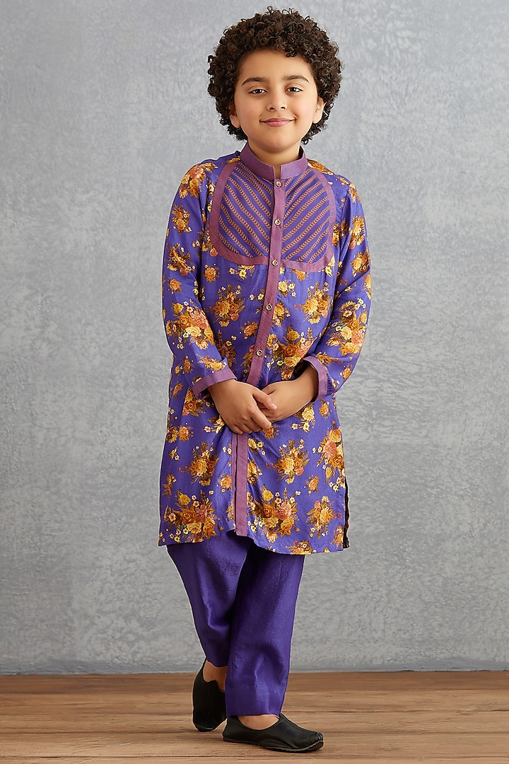 Amethyst Purple Floral Printed Kurta Set For Boys by Torani Kids