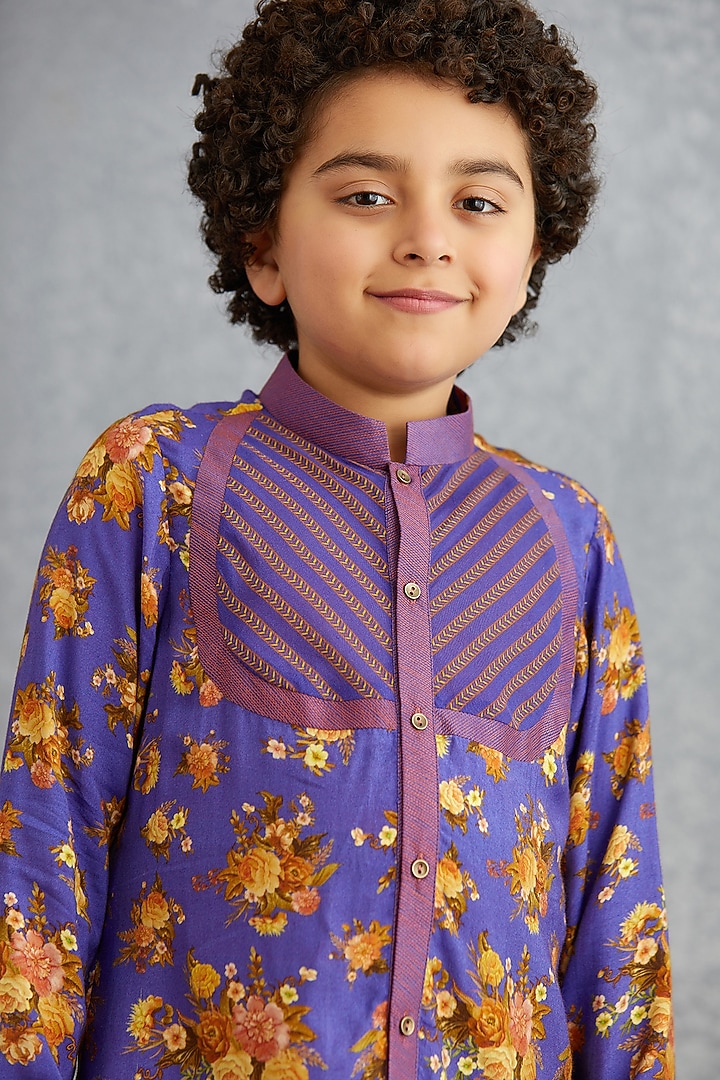 Amethyst Purple Floral Printed Kurta Set For Boys by Torani Kids at Pernia's Pop Up Shop