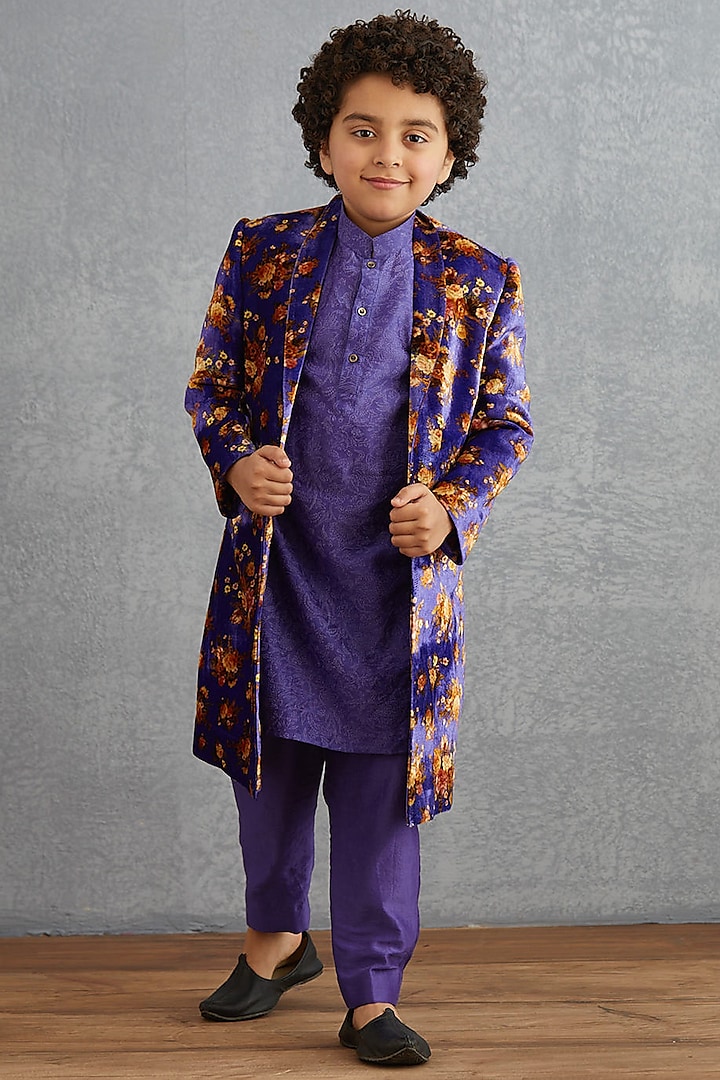 Amethyst Purple Floral Printed Jacket Set For Boys by Torani Kids