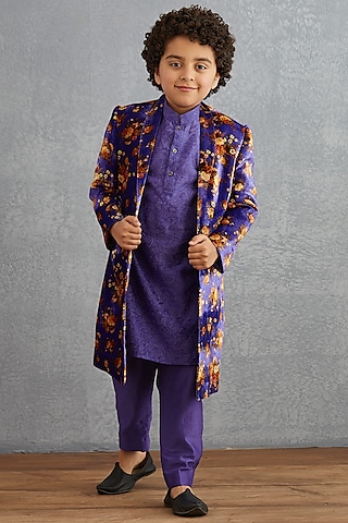 Amethyst Purple Floral Printed Jacket Set For Boys by Torani Kids