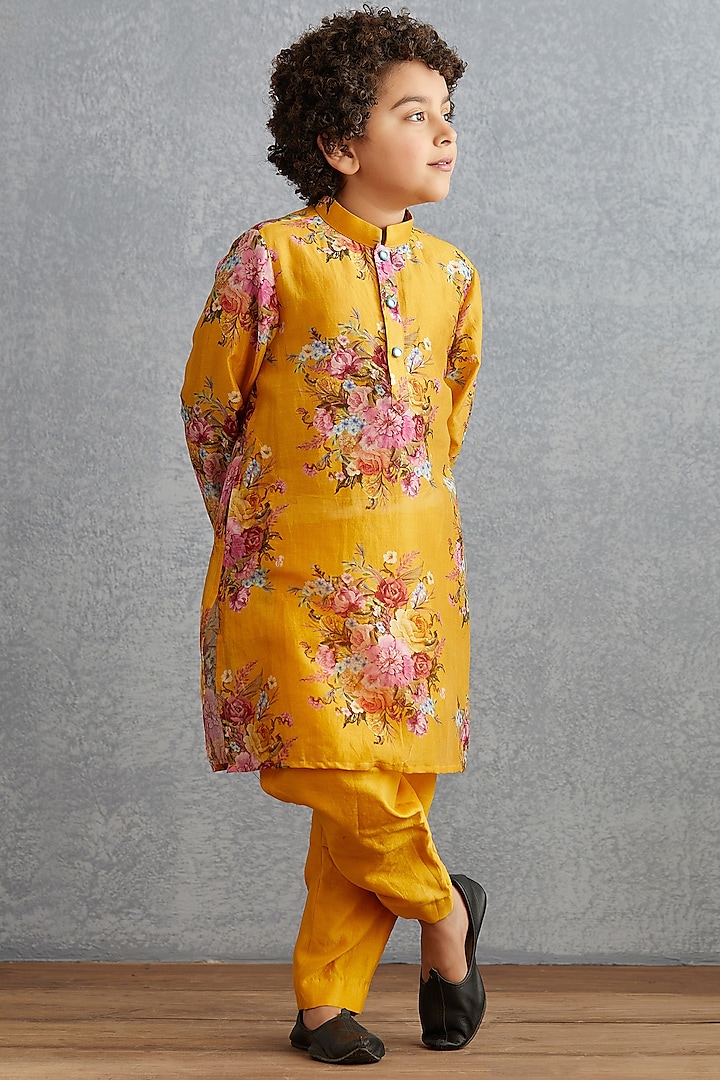 Topaz Yellow Floral Printed Kurta Set For Boys by Torani Kids