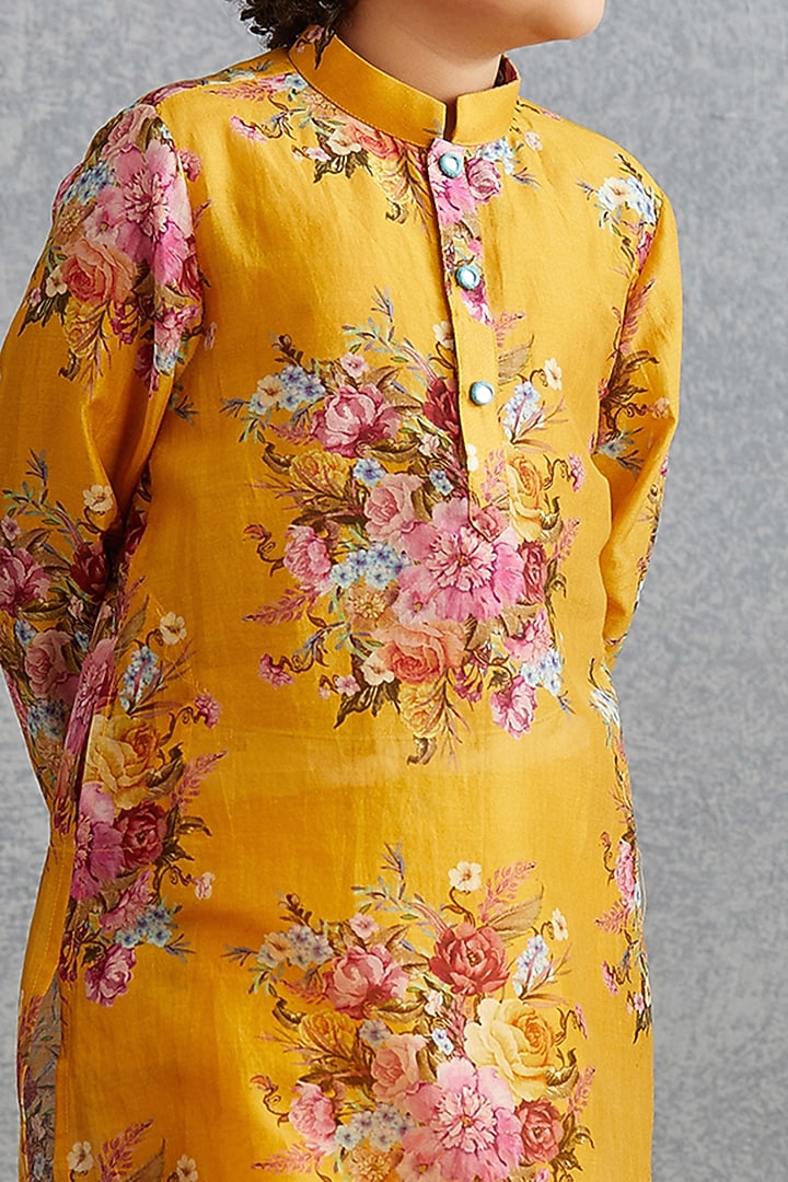 Topaz Yellow Floral Printed Kurta Set For Boys by Torani Kids at Pernia's Pop Up Shop